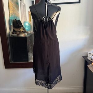 Free People “Intimately” Black Lace-Trim Slip Dress Open Back Size L • Boho Chic